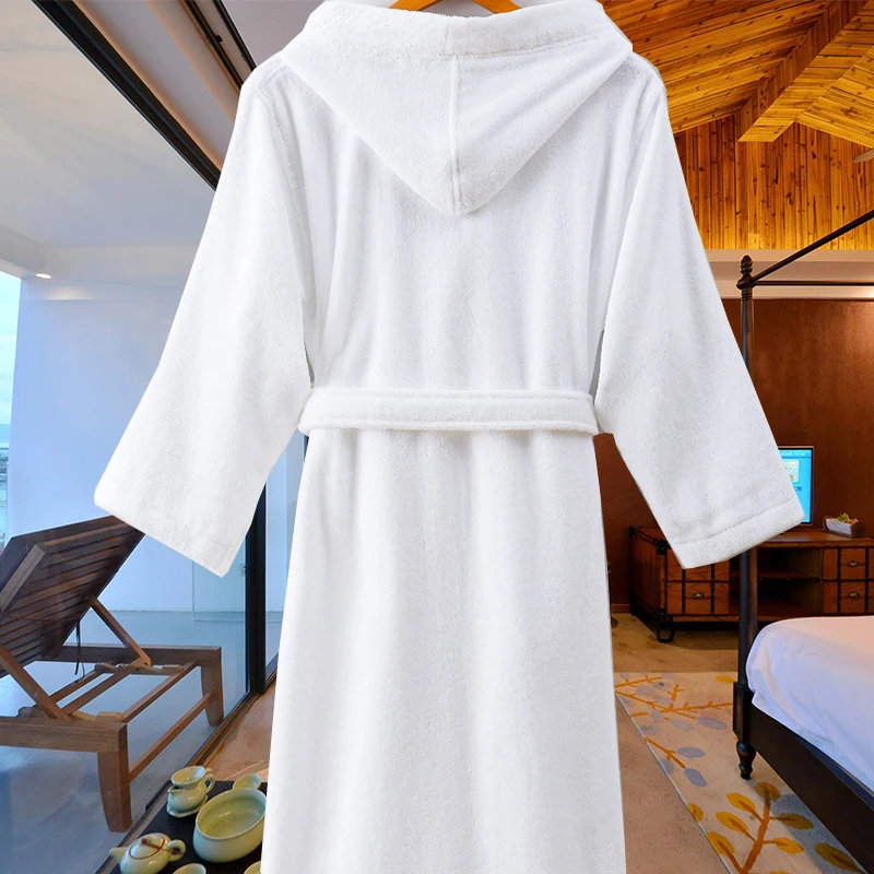 Men's Robe Cotton Winter Long Bathrobe Lovers Warm Lengthened Hooded White Bath Robe Long Sleeved Nightgowns Home Clothes