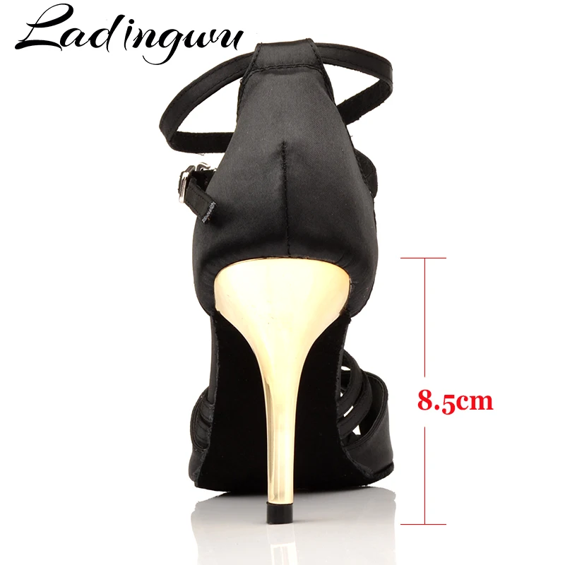 Ladingwu Dance Shoes Black Stain Classic Style Women Latin Dance Shoes Metal heel 8.5cm Ballroom Dance Shoes Paty Salsa Shoes