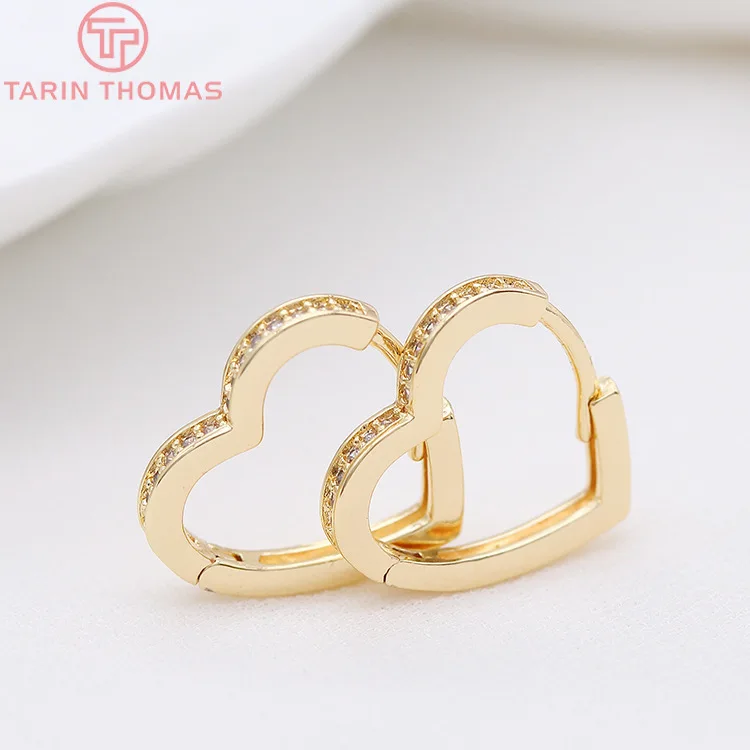 (3865)4PCS 14MM 16MM 24K Gold Color Brass with Zircon Heart Earrings Hoop Earring Clip High Quality DIY Jewelry Making Findings