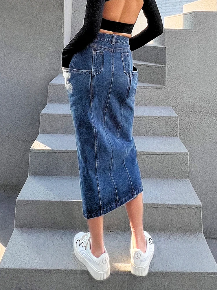 TWOTWINSTYLE Blue Denim Skirt For Women High Waist Straight Split Solid Streetwear Midi Skirts Female Fashion Clothing New 2022