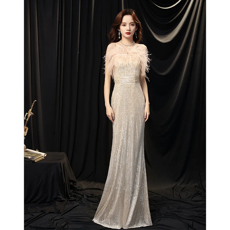 Elegant One Shoulder Feather Sequins Mermaid Evening Dress Back Bandage Women Formal Gowns Robe De Soiree Cheongsam Size 3XL