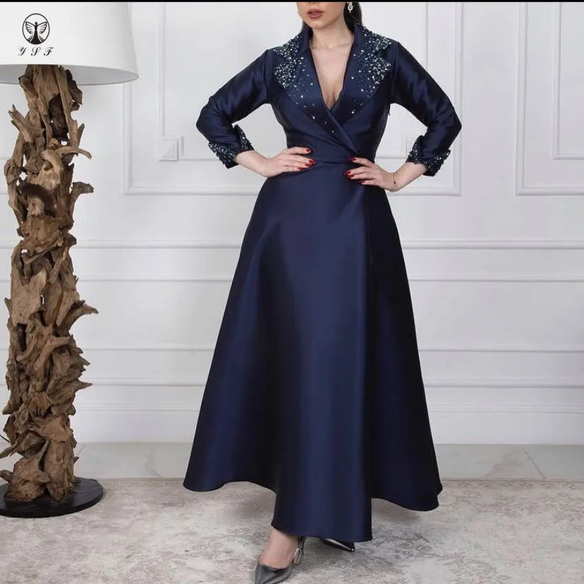 Elegant Evening Dresses Plunging V Neck Beaded Stones Long Sleeve A Line Dark Navy Ankle Length Mother Dresses