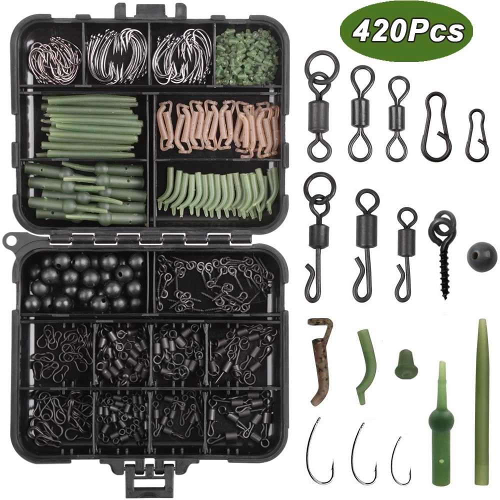 420Pcs/Box Carp Fishing Box Tackle Kit Include Swivels Hooks Prevent Knots Sleeves Hook Stop Beads Boilie Bait Screw Accessories