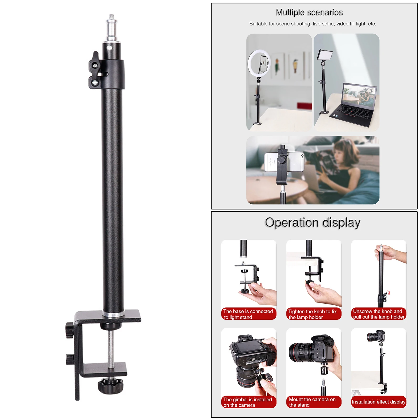 46-74cm Adjustable Tabletop C Clamp Desk Camera Mount Stand with 1/4 Screw for DSLR Camera Ring Light Camcorder Black