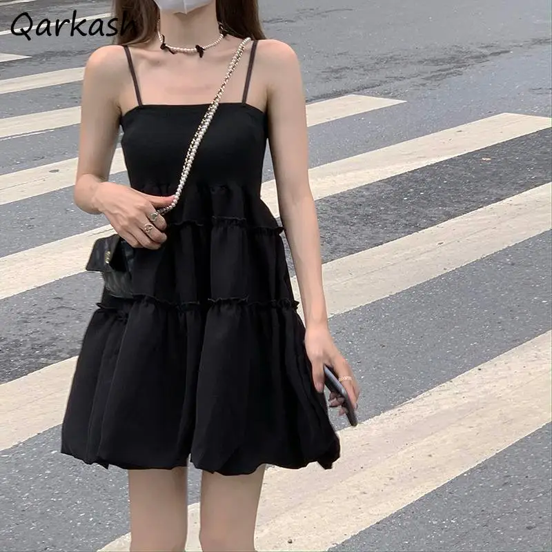 Dresses Women Fashion All-match Above Knee Sexy Summer Design BF Spaghetti Strap Streetwear Folds Korean Style Casual Sundress