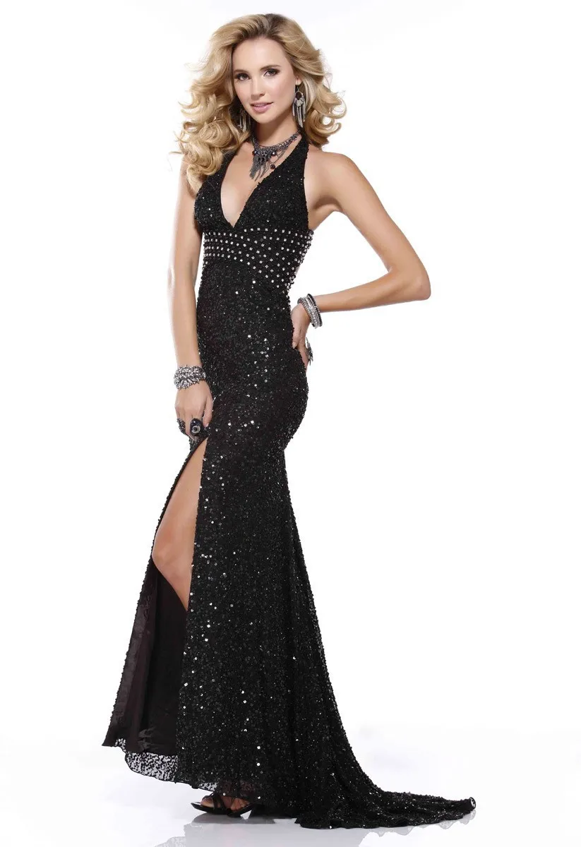 Vestido de festa de formatura 2018 fora do ombro vestidos de dama de honra sexy preto profundo decote em v lado fenda lantejoulas