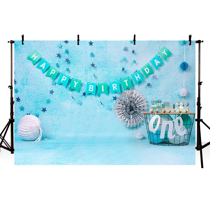 Avezano 1st Happy วันเกิดฉากหลังปาร์ตี้ดอกไม้ดาวสีฟ้าเด็กการถ่ายภาพพื้นหลังสตูดิโอ Photozone Photocall Decor Props