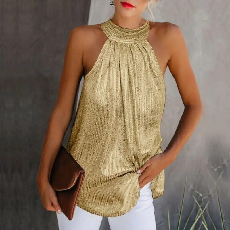 Women Gold Blouse 2024 New Fashion High Neck Sleeveless Hatler Tank Top Vest Summer Casual Loose Blouse Shirt Tee