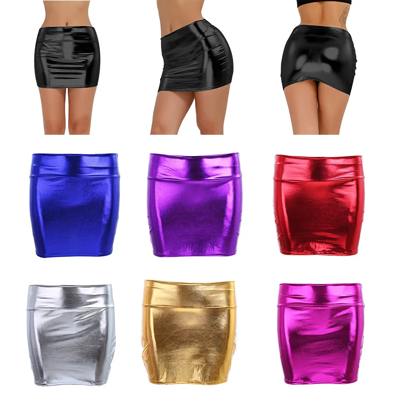 Women Sexy Shiny Patent Leather Wetlook Mini Skirt Pencil Skirts Low Waist Clubwear Partywear Performance Costume Streetwear