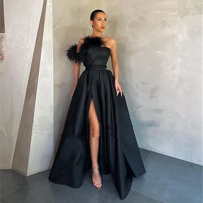 

Vinca Sunny Black Satin Evening Dresses 2023 Long Prom Gowns With Pockets Feather High Side Slit Formal Party Cocktail dress