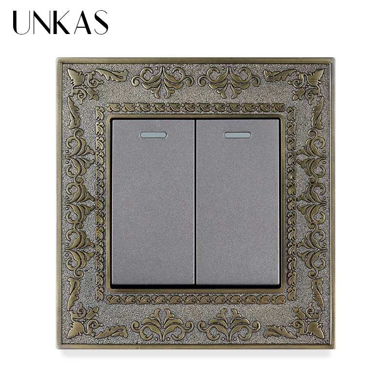 UNKAS 2 Gang 1 Way / 2 Way Wall Light On / Off Switch Grey 4D Embossing Panel Retro Zinc Alloy Luxury Pass Through Gray