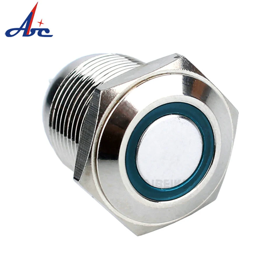 IP65 16mm Shortest Latching 12V Blue Ring Light Anti-vandal Flat Metal Ring Power LED Push Button Switch