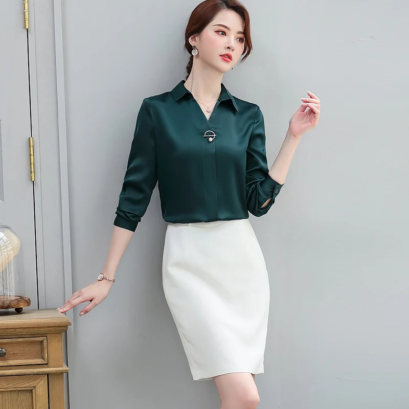 Lenshin Wanita Satin Kain Kemeja Elegan Kerah Blus Pakaian Kerja Kantor Wanita OL Tops Chemise Longgar A