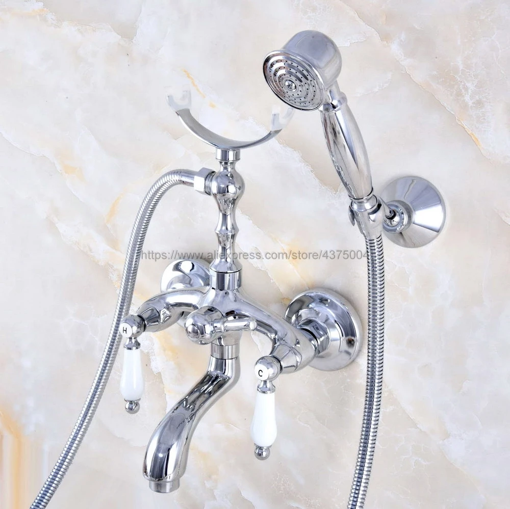 

Polished Chrome Dual Ceramic Handles Bathtub Shower Faucet Wall Mount Bathroom Tub Faucet with Handheld Sprayer Nna754