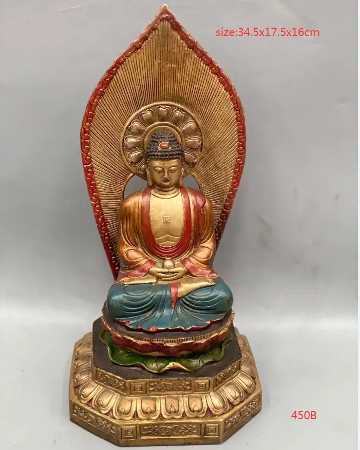 Fine Elegant Bronze Gilded And Painted Lotus Amitabha Buddha Big Day Tathagata Fo Guang Statue 34.5CM