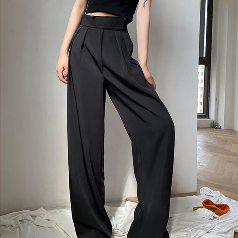 Solid Black Casual Pants Women Empire Wide Leg Trousers Office Lady Adjustable Waist Mopping Draped Baggy Elegant Tender Popular