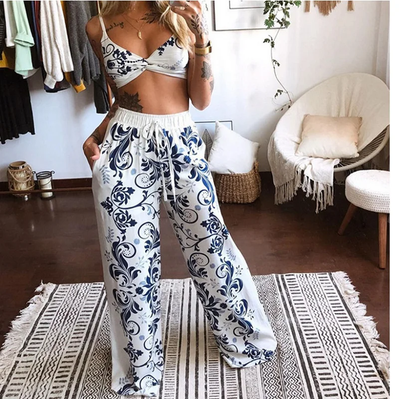 2 Pecs Suit Summer Tracksuit Sets Womens Outfits Boho Beach Style Print Underwear Loose Wide Leg Pants Ropa Mujer Подходить New