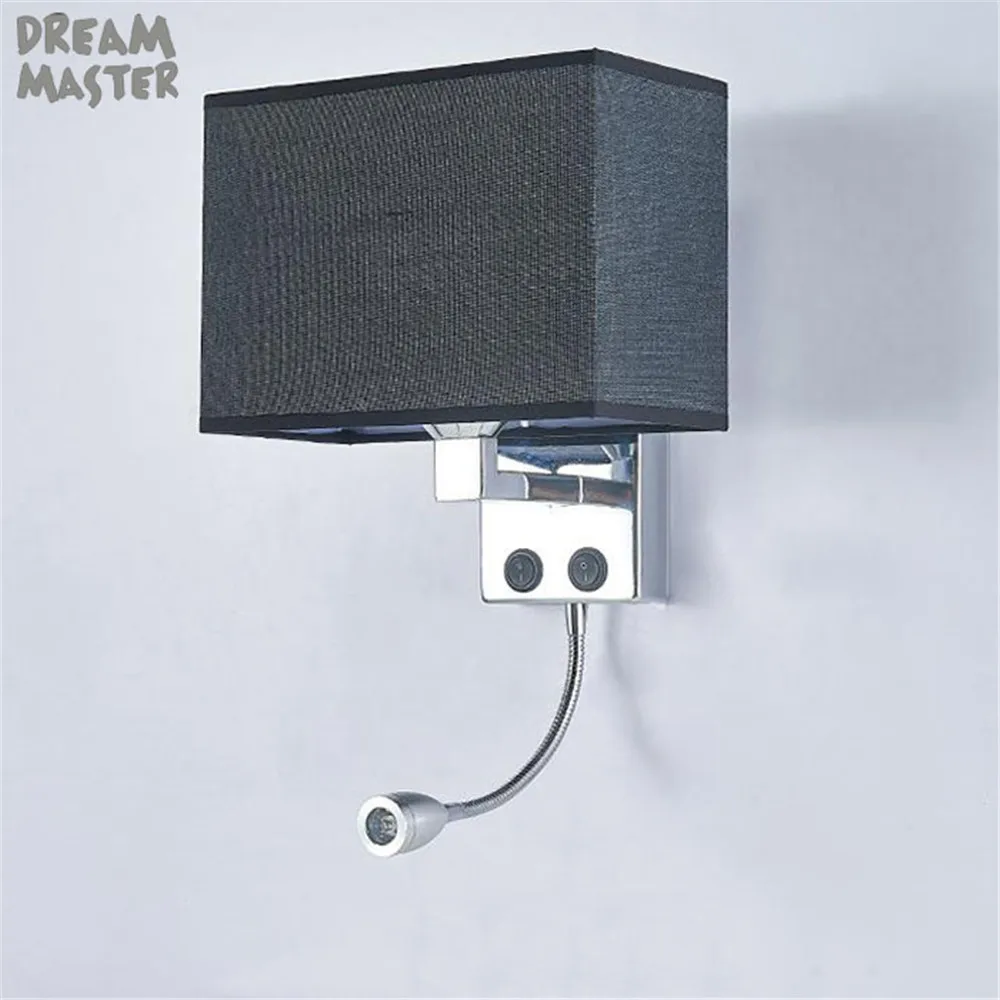 Rectangle Fabric Shade Wall Light w/o USB Charging Port,2 Switches E27 LED Wall Lighting with Adjustable Reading Lamp