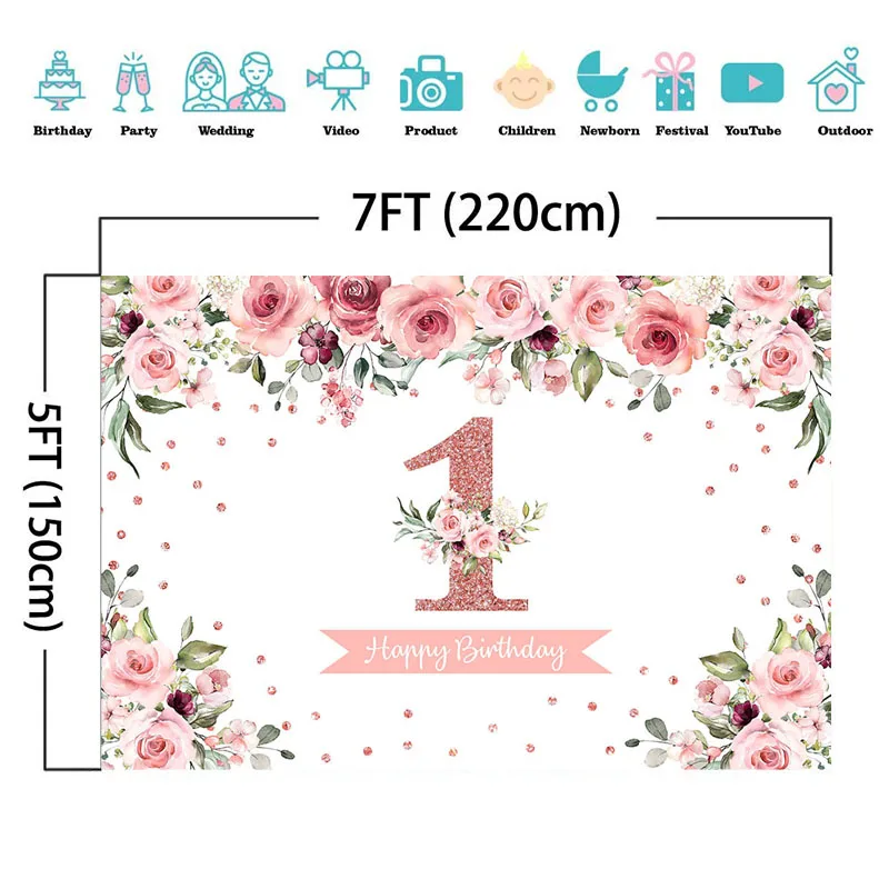1st誕生日の女の子背景ローズゴールド花パーソナライズ写真撮影フォトスタジオの背景装飾バナー