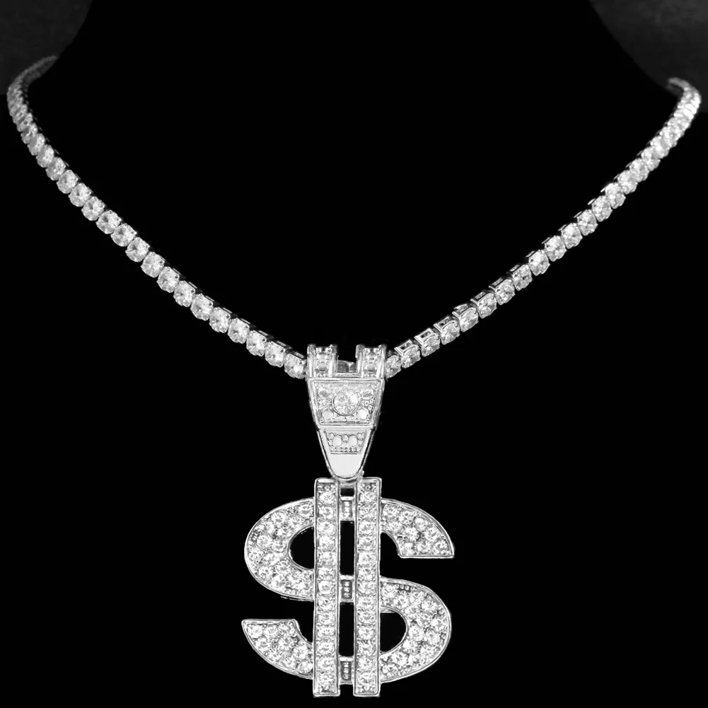 Bling Strass Dollar Anhänger Halskette Für Männer Silber Farbe Iced out 13mm Kubanischen Kette Choker Halsketten Hiphop Rap Rock schmuck – Detail 14