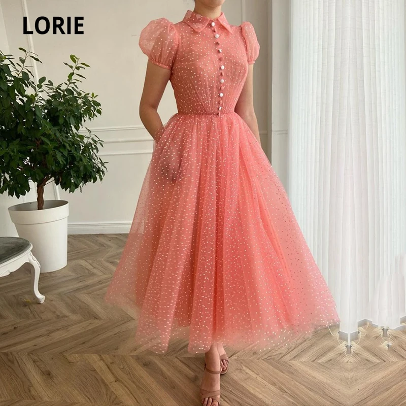 

LORIE Glitter Hot Pink Prom Dresses Shiny Tulle Tea Length Short Puff Sleeve Evening Gown Party Celebrity Dress for Graduation