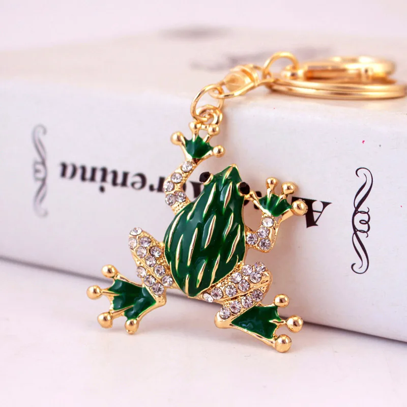 Creative Cute Cartoon Green Color Crystal Frog Car Key Chain Women\'s Bag Accessories Metal Pendant Key Ring