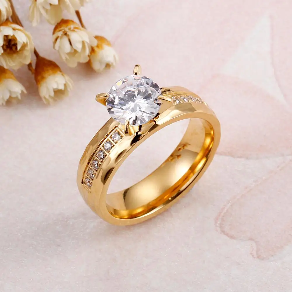 Kalen Romantic Zircon Couple Rhinestone Stainless Steel Gold Color Finger Rings For Women Engagement Wedding Band Rings Jewelry