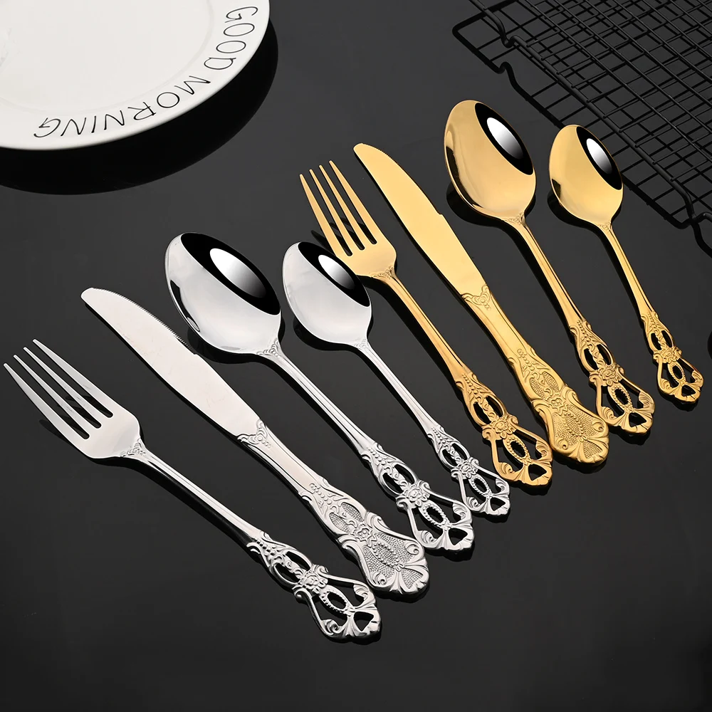 

24Pcs Baroque Style Royal Flatware Cutlery Set Gold Luxury Dinnerware Stainless Steel Knife Fork Spoon Tableware Dishwasher