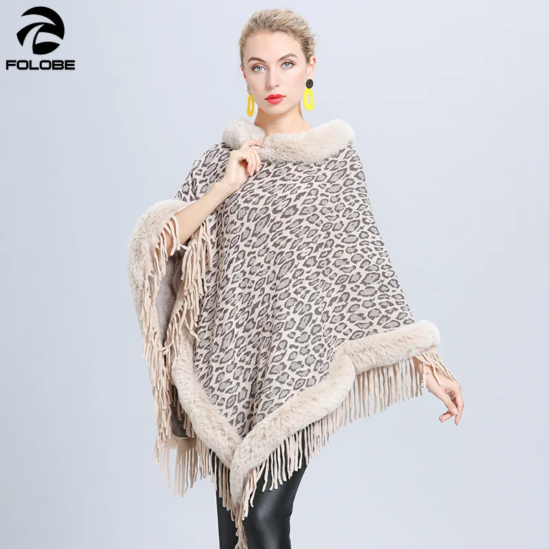 FOLOBE Long Cape Coat For Women Knitted Tassel Leopard Jacquard Faux Fur Cloak Jacket Women Pullover Warm Ponchos And Capes