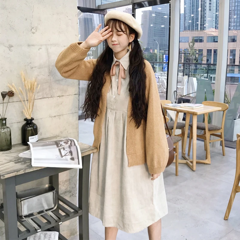 

2020 Autumn corduroy bow lace dress lazy knitted cardigan sweater coat women