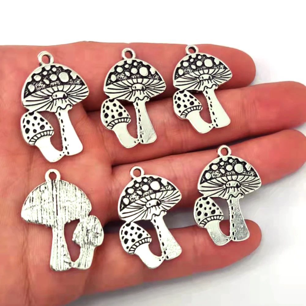 hzew 50pcs Handmade Antqiue Silver Color Metal Mushroom Charms Pendants Earrings necklace Charms for women man Accessories DIY