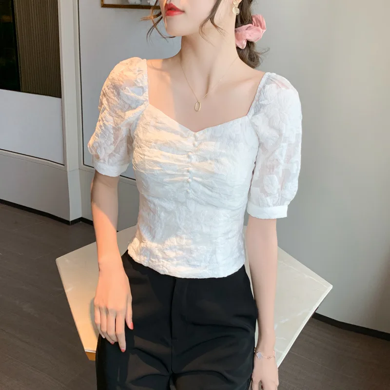 Square Neck Lace Shirt Puff Short Sleeve Chiffon Shirt Top Splicing Printed Floral Blouse Women 2020 Summer New White Crop Tops