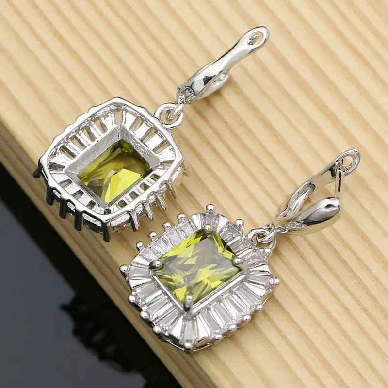 Handmade Square Olive Green CZ Fashion Earrings 925 Sterling Silver Earring For Bridal Decoration Gift Set Dropshipping