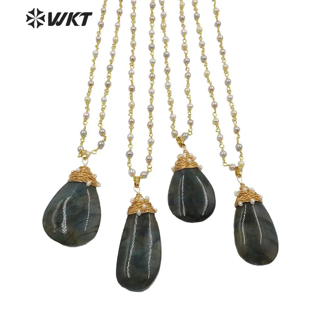 

WT-N1216 WKT Supply Handmake Wire Wrapped Gold Labradorite Pendant Necklace Women Fashion Stone Gift Rosary Beads Chain