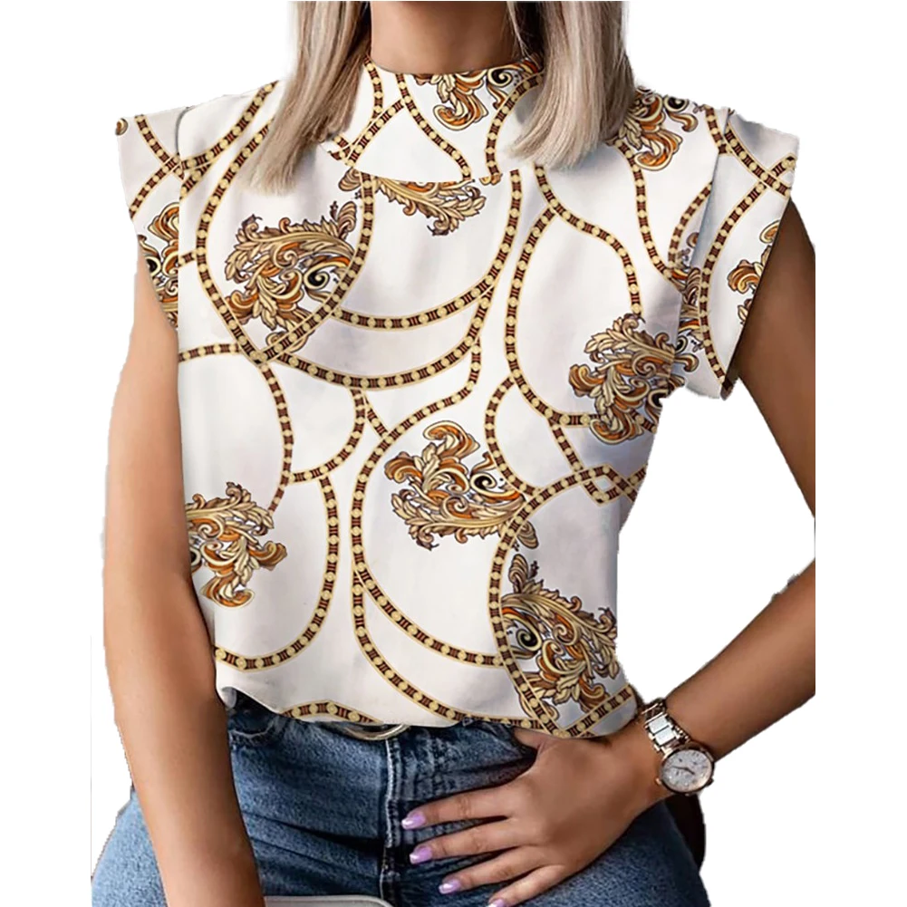 2020 Brand New Women Summer Short Sleeve Pullover Top Female Personality Printed Stand Collar Blouses Outfits