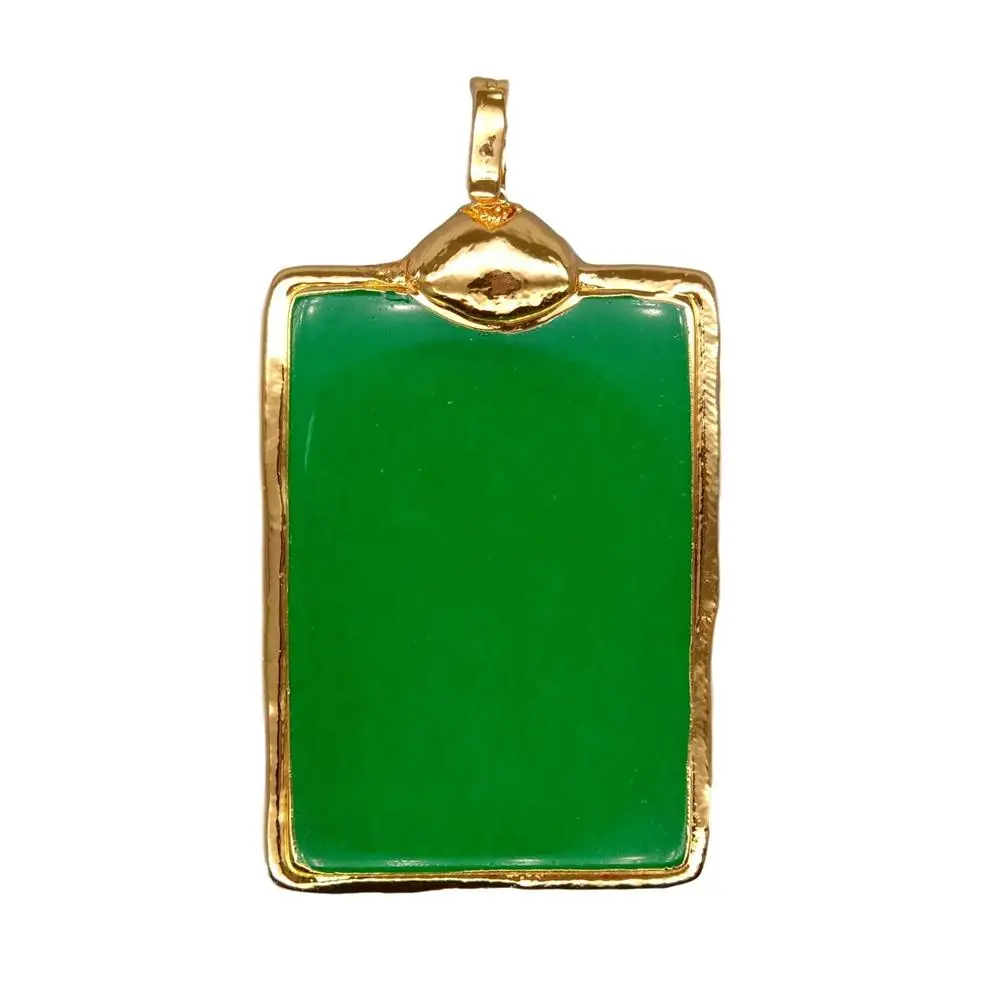Rectangle Green Jade Pendant Gold Color Bezel For Jewelry Making Finding 40x70mm