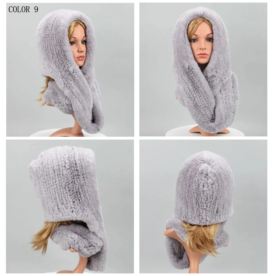Frauen Gestrickte Echte Rex Kaninchen Pelz Hut Mit Kapuze Schal Winter Hüte für Frau Herbst Kappe Warme Natürliche Pelzmütze mit Hals Schals Bonnets – Detail 14