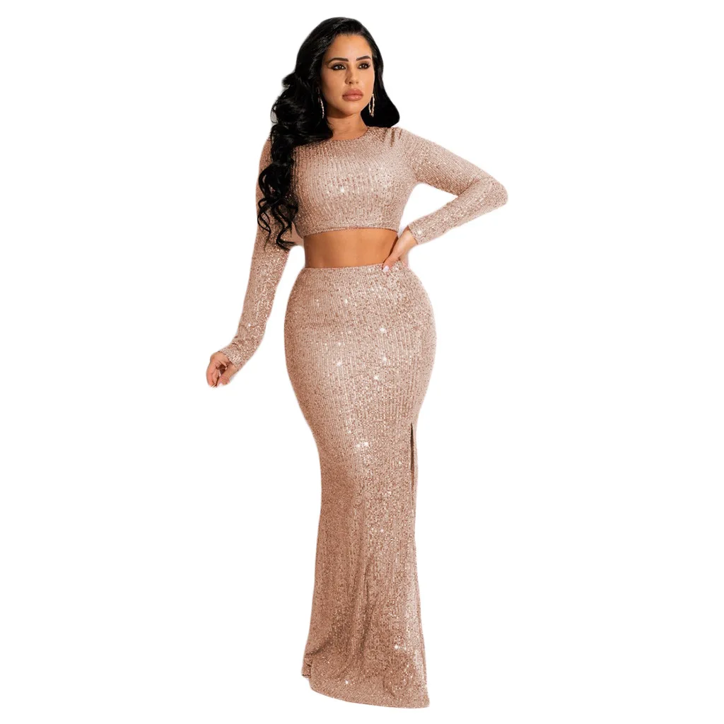 Sexy Sequin Two Piece Set Women Long Sleeve Backless Crop Top High Split Skirt Suit Elegant Party Club Matching Set Outfit Dress