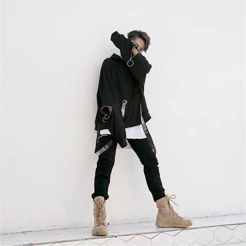 Personality High Street Black Oversize Hooded Men Tshirt Hip Hop Ripped Hole Zipper Ribbon Harajuku Fashion Long Sleeve Clothing