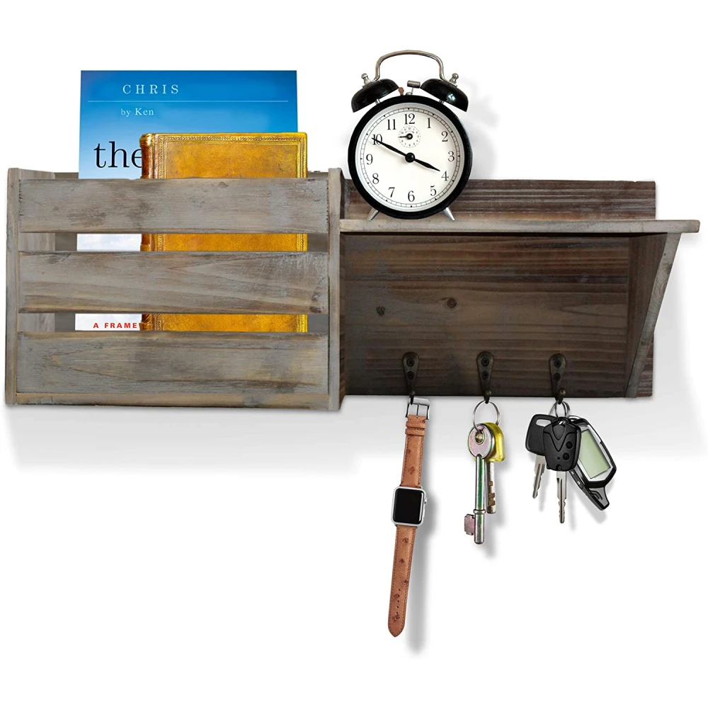 Floating shelf Wood Rustic Wall Mounted Key&Mail Holder/Organizer with 3 Key Hooks 1 Compartment for Entryway or Mud Room[US-W]