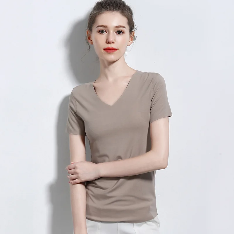 Women Essential T Shirt Basic Short Sleeve V Neck Tops Tees Solid Color Unfinished Viscose Stretch Top