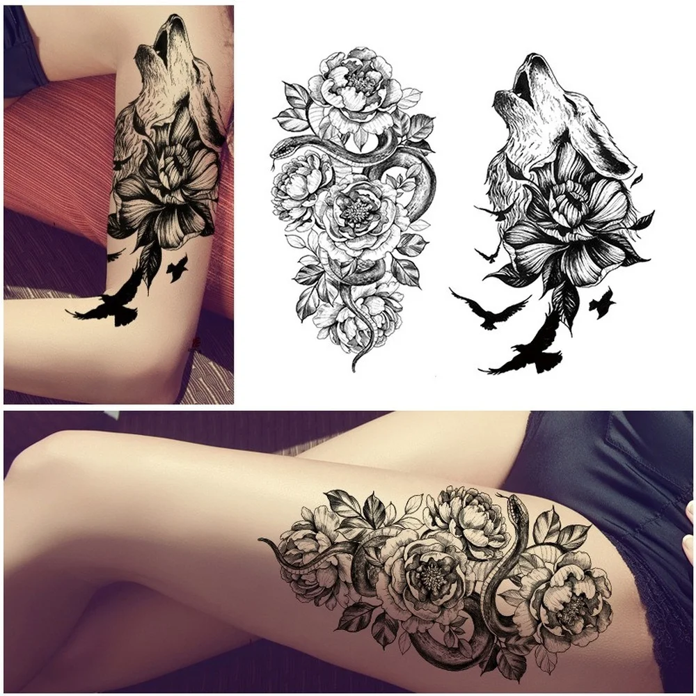 Waterproof Temporary Tattoo Sticker Dark Snake Tattoos Flower Tatoos Body Art Geisha  Water Transfer Clavicle Arm Fake Tatto