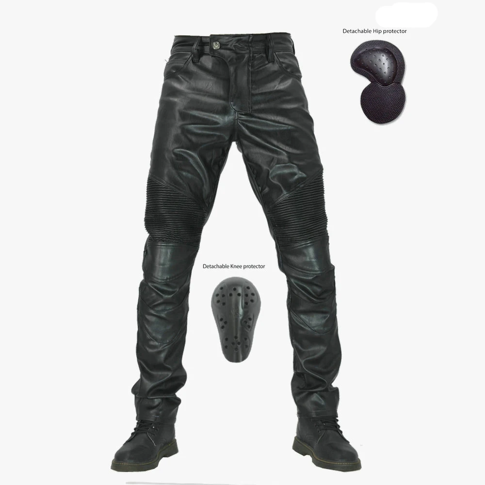 Idopy Men`s Faux Leather Pants PU Motorcycle Racing Biker Riding Motorbike Trousers With Protection Pad