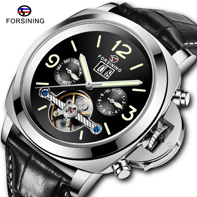 Forsining-relojes mecánicos para hombre, pulsera automática con correa de cuero genuino, calendario completo, Tourbillon, a la moda