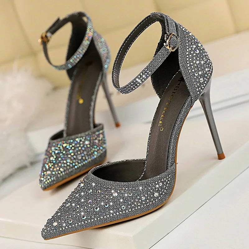 BIGTREE Shoes Shiny Rhinestones High Heels Ladies Shoes Women Pumps Stiletto Sweet Women Heels Wedding Shoes Women Sandals 10 Cm