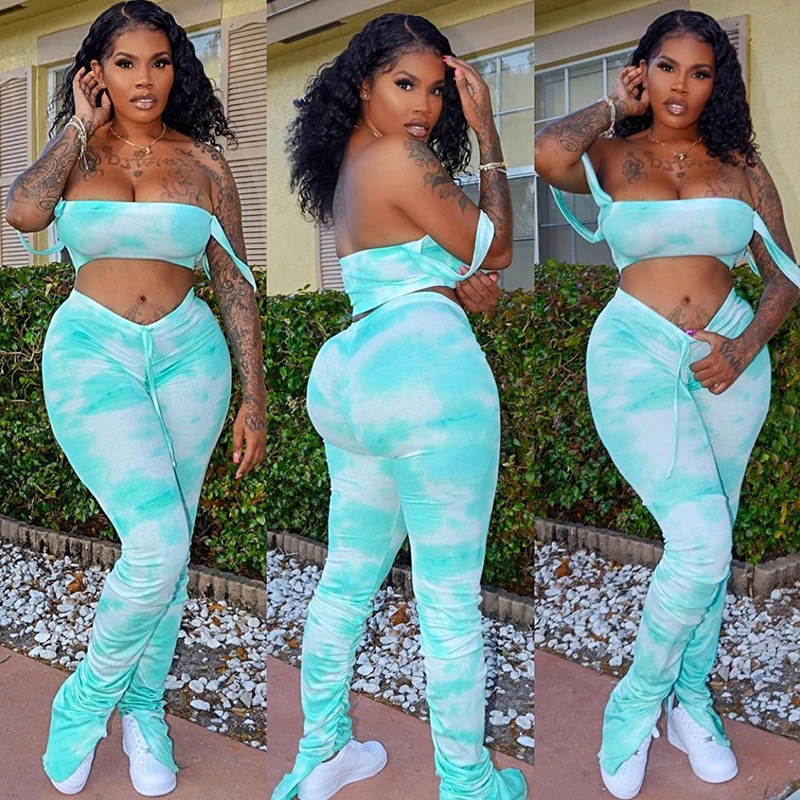 Conjunto de 2 piezas de Top corto y pantalones apilados para mujer, traje Sexy ajustado con tirantes y teñido anudado, a la moda para discoteca