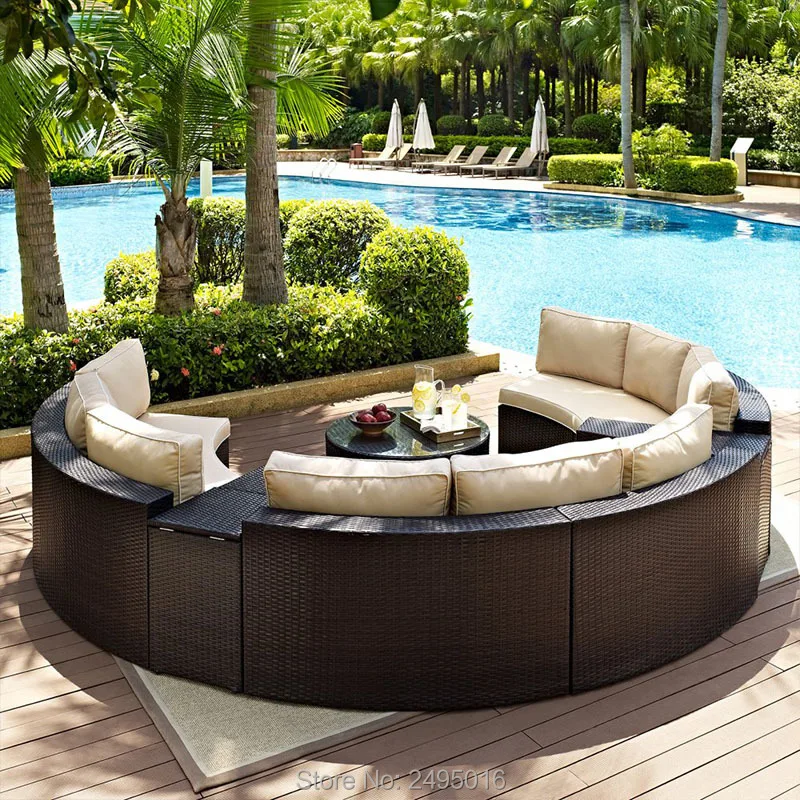 6pcs Rattan furniture Outdoor Garden couch Semi Circle Sofa Wicker woven sectional couch sofa set swiming pool terrace Patio