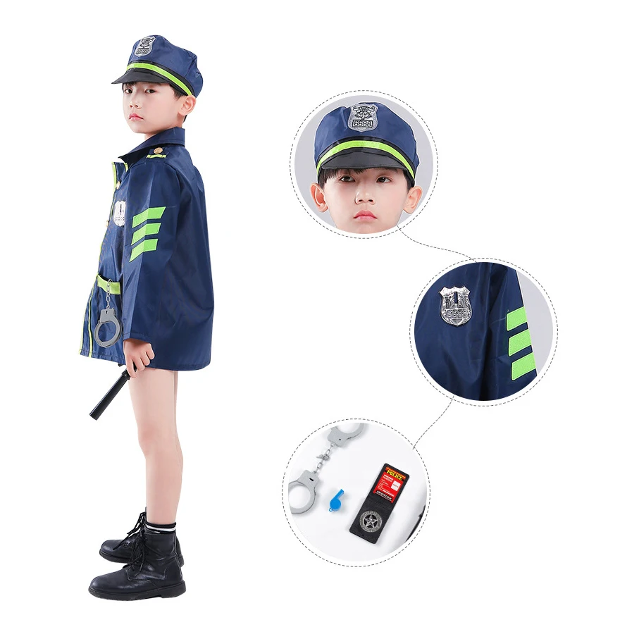 Halloween Kids Policeman Costume Hat Tool Set Boys Traffic Police Cop Cosplay Uniform Children Fancy Dress Party Outfit Cosplay