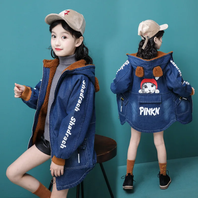 fleece thickening cute ear hooded girls denim jacket long kids jean coat warm winter spring fall children's clothing