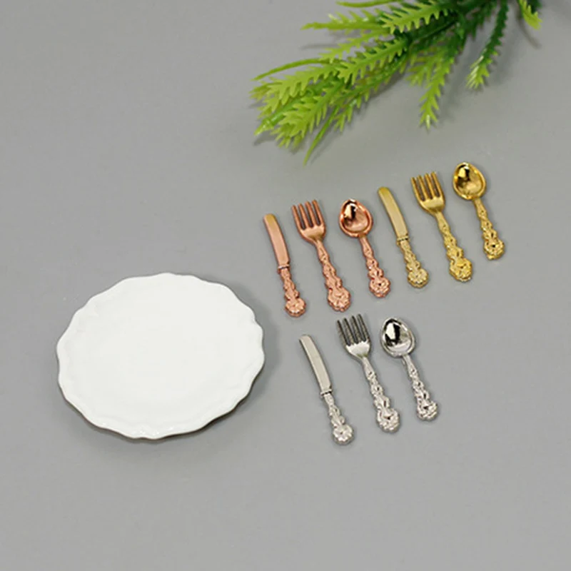 16Pcs Miniature Knife Fork Spoon Plate Tableware Dollhouse Kitchen Decoration Dollhouse Miniature Accessories